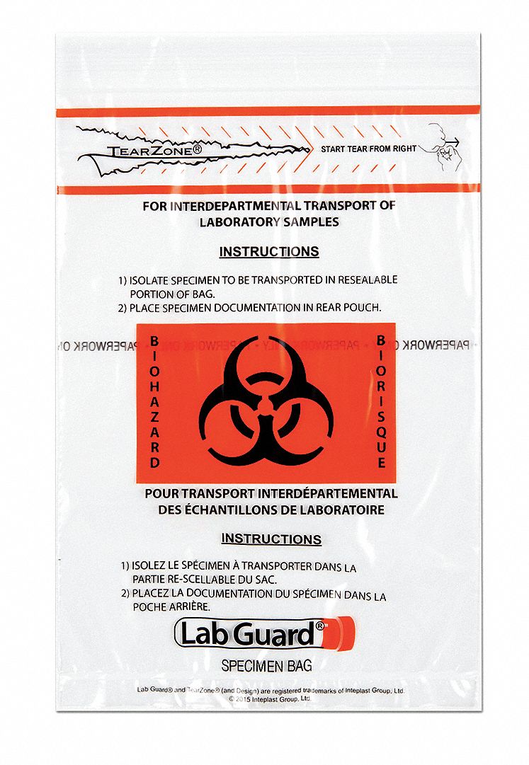 Specimen Transfer Bag: LDPE, Biohazard, 1.75 mil Thick, Clear, 9 in Overall Ht, 48-97, 1, 000 PK