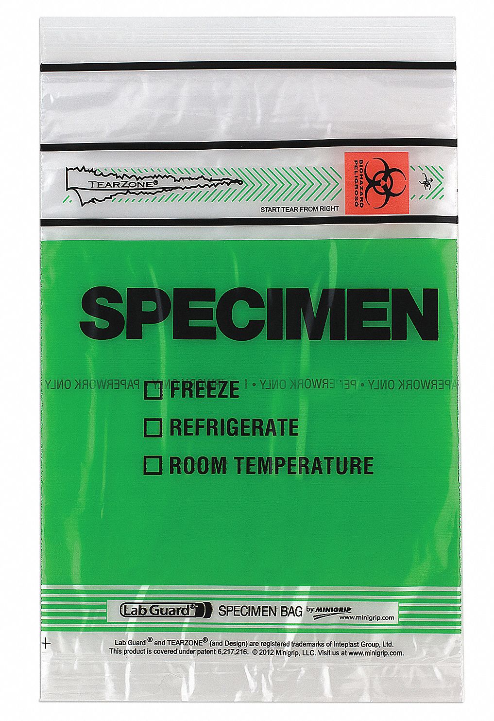 Specimen Transfer Bag: LDPE, Biohazard, 1.75 mil Thick, Green, 9 in Overall Ht, 4811G, 1, 000 PK