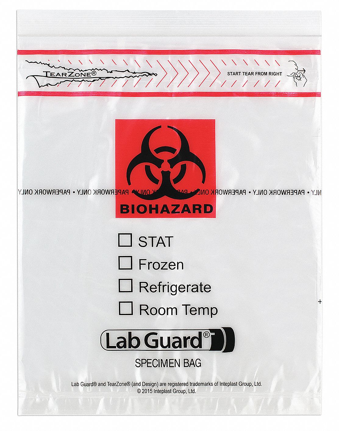 Specimen Transfer Bag: LDPE, Biohazard, 1.75 mil Thick, Clear, 10 in Overall Ht, 4915, 1, 000 PK