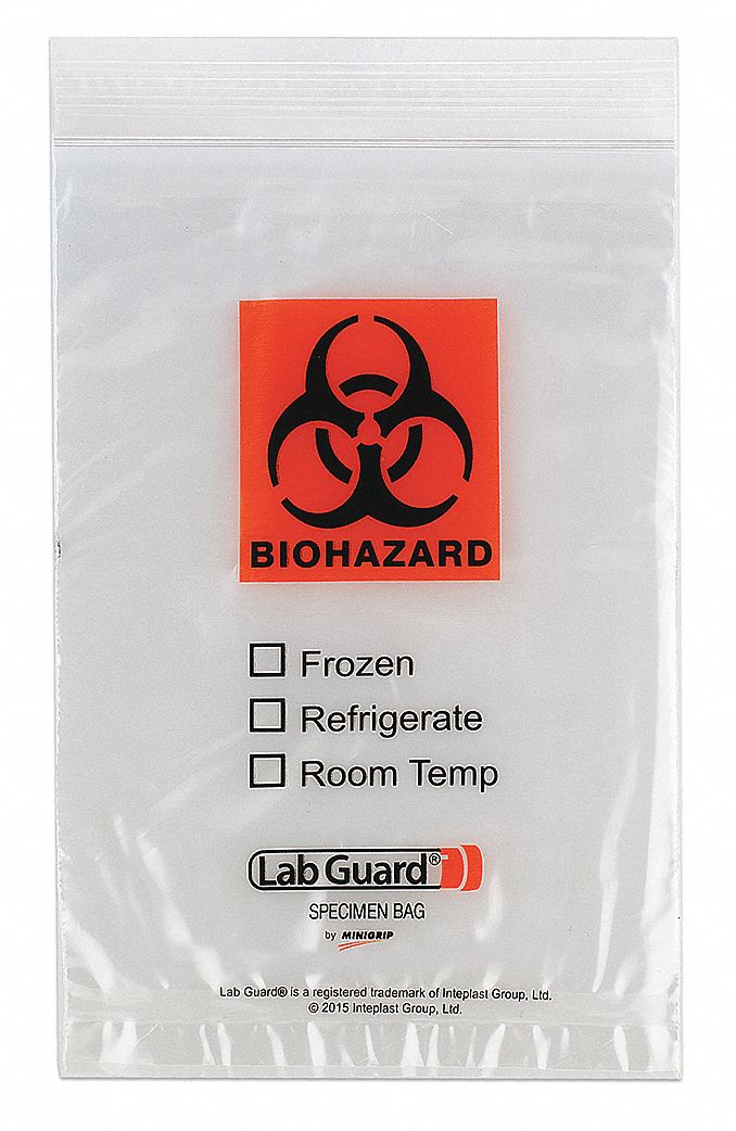 Specimen Transfer Bag: LDPE, Biohazard, 1.75 mil Thick, Clear, 6 in Overall Ht, 3670, 1, 000 PK