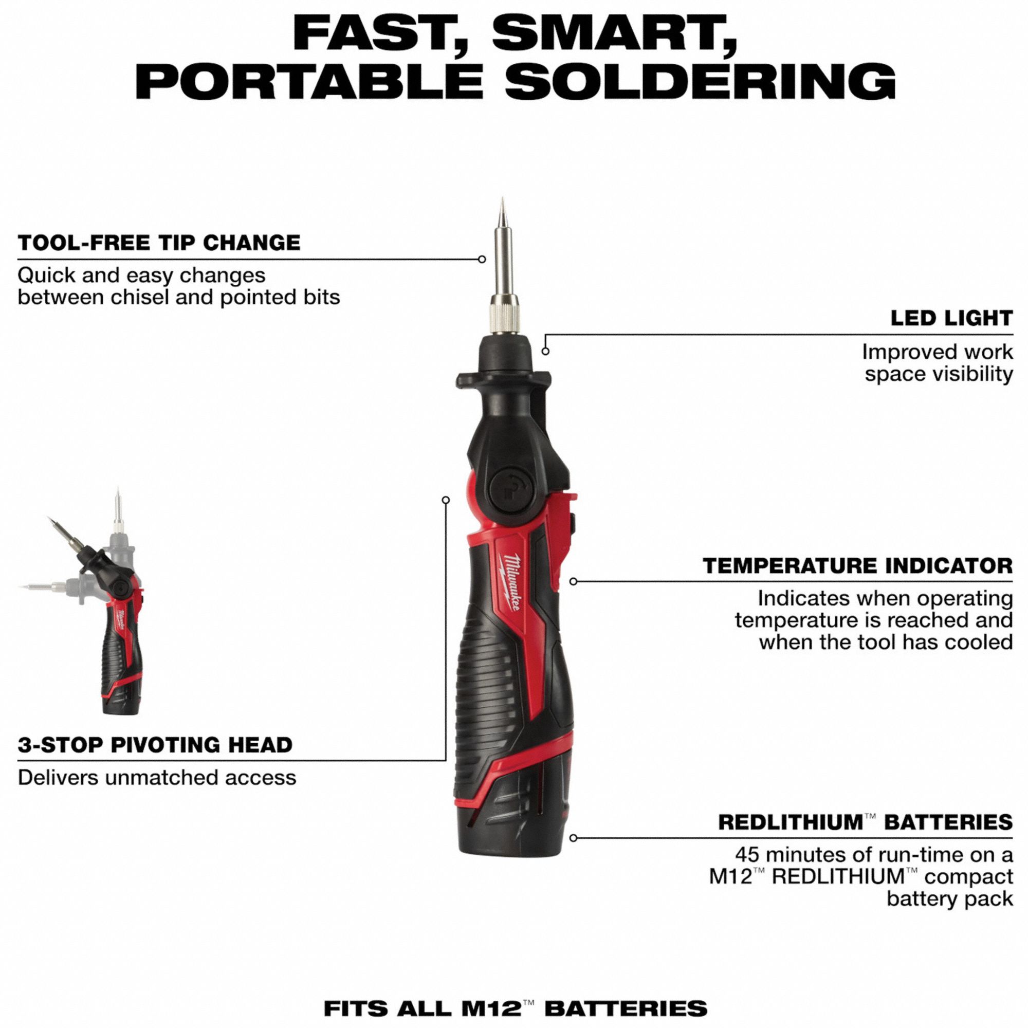 MILWAUKEE Soldering Iron Kit 90 W, 750°F, Chisel/Conical Tip, 0.02 in Tip Wd, Soldering Kit