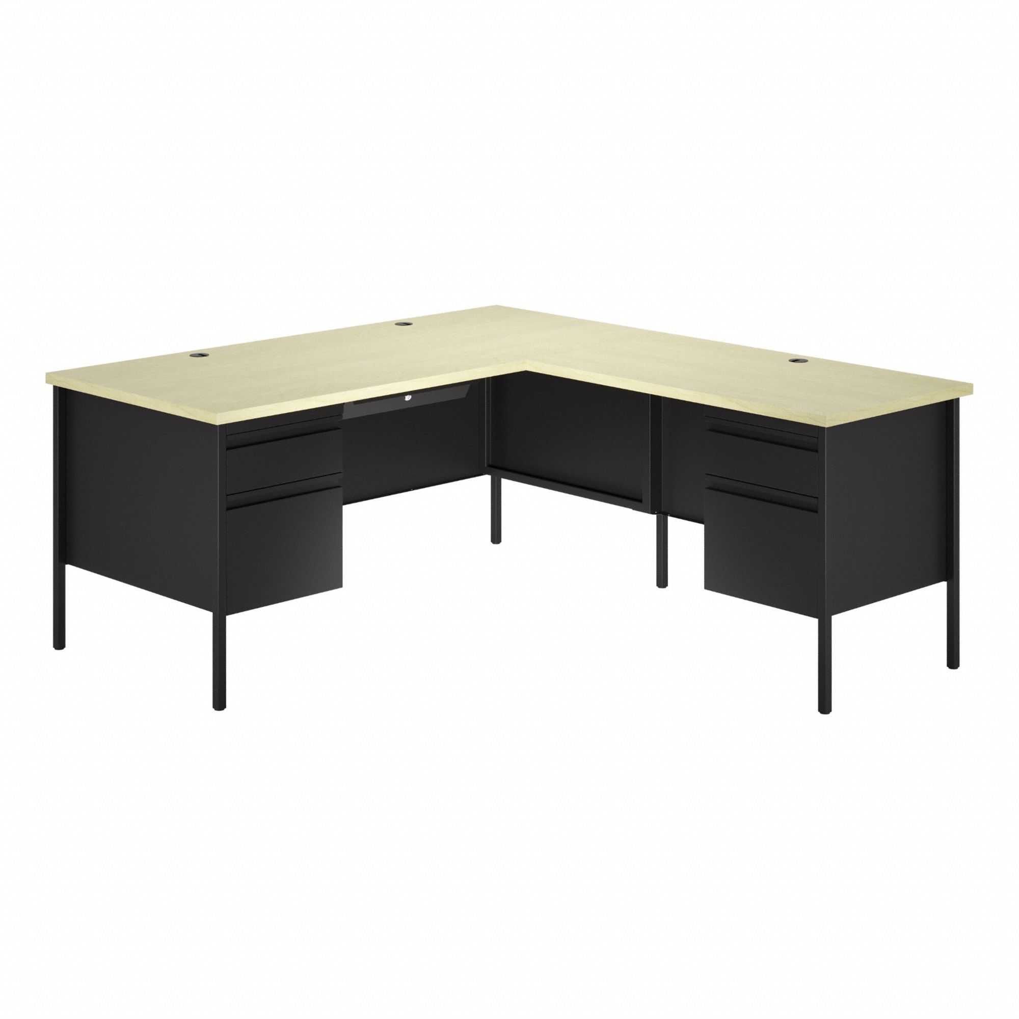 L-Shaped Pedestal Desk: Melamine Laminate/Particleboard, Maple, 2 Pedestals, 2 Drawers