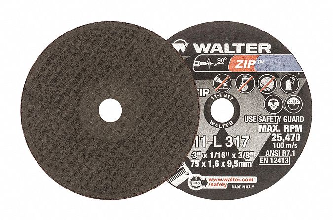 CUT-OFF WHEEL, FOR METAL, TYPE 1, 25,470 RPM, 3 X 1/16 X 3/8 IN, ALUMINUM OXIDE