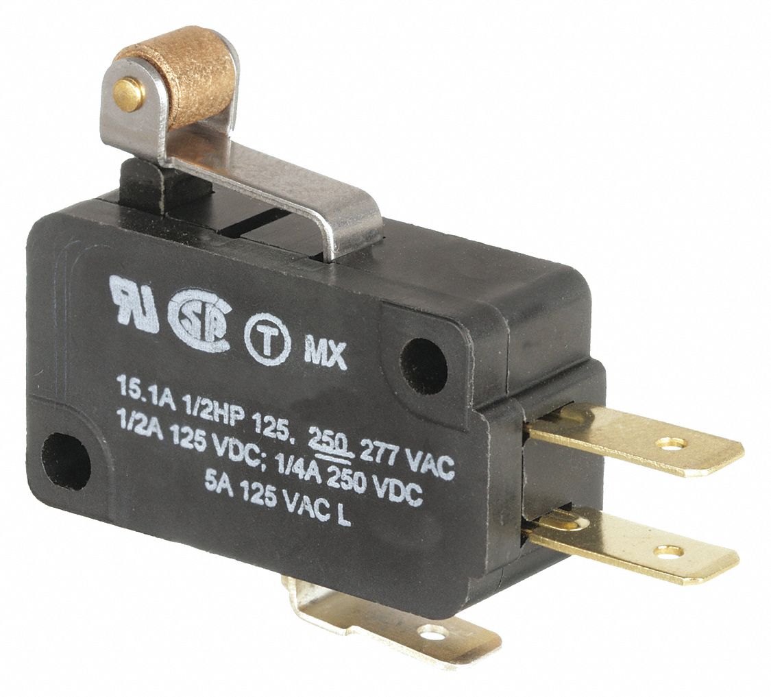 Miniature Snap Action Switch: Roller Lever Actuator, 1NO/1NC, Quick Connect