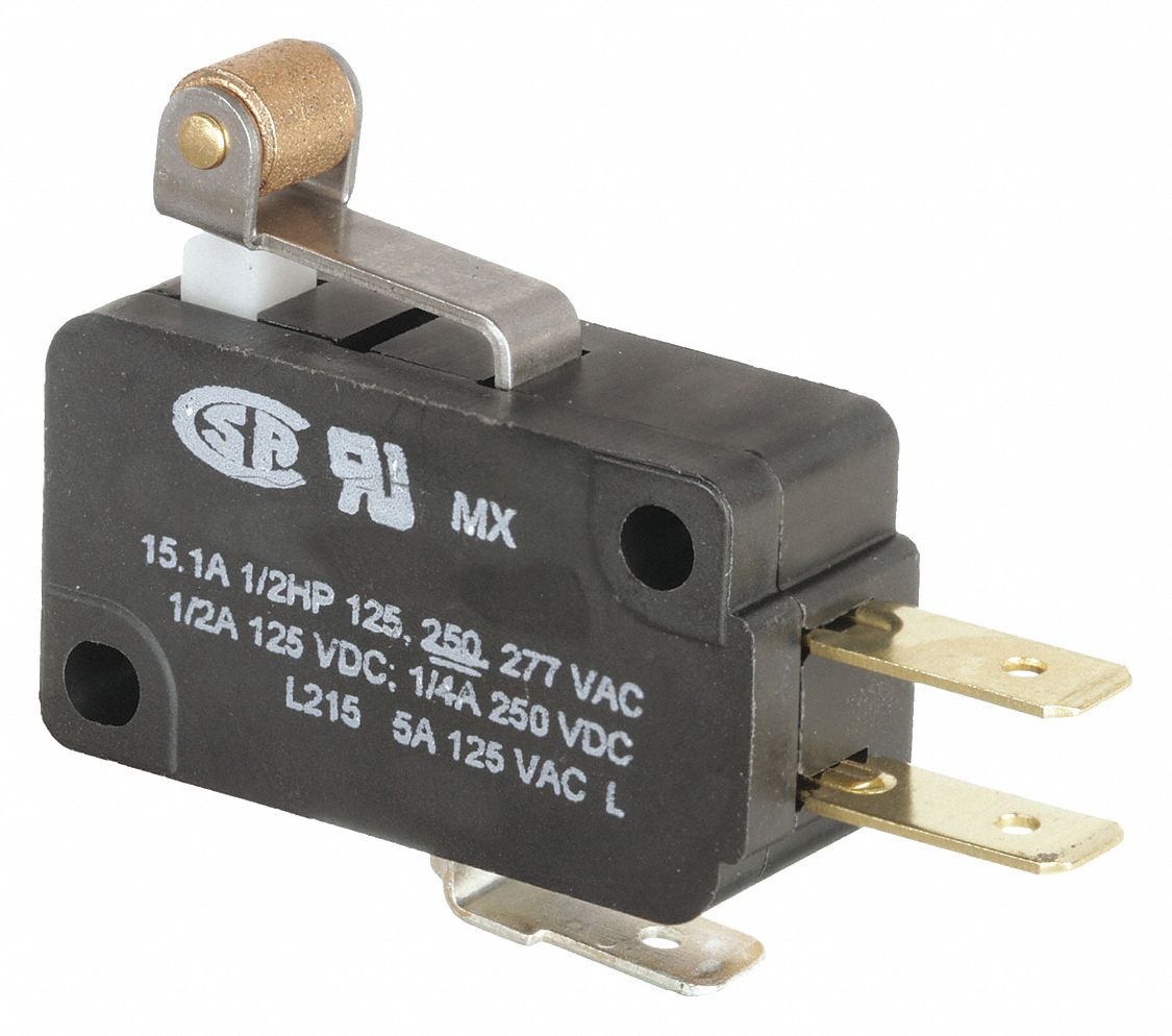 Miniature Snap Action Switch: Roller Lever Actuator, 1NO/1NC, Quick Connect