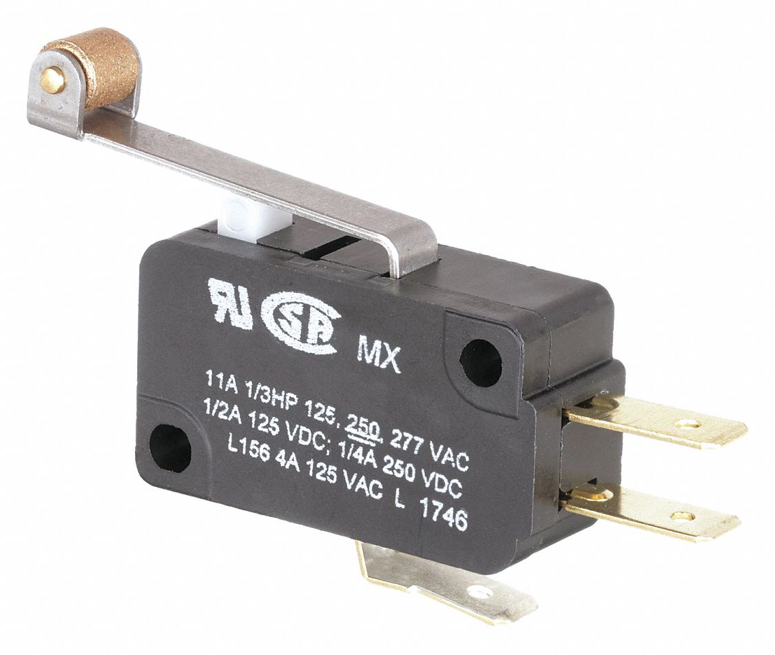 Miniature Snap Action Switch: Roller Lever Actuator, 1NO/1NC, Quick Connect