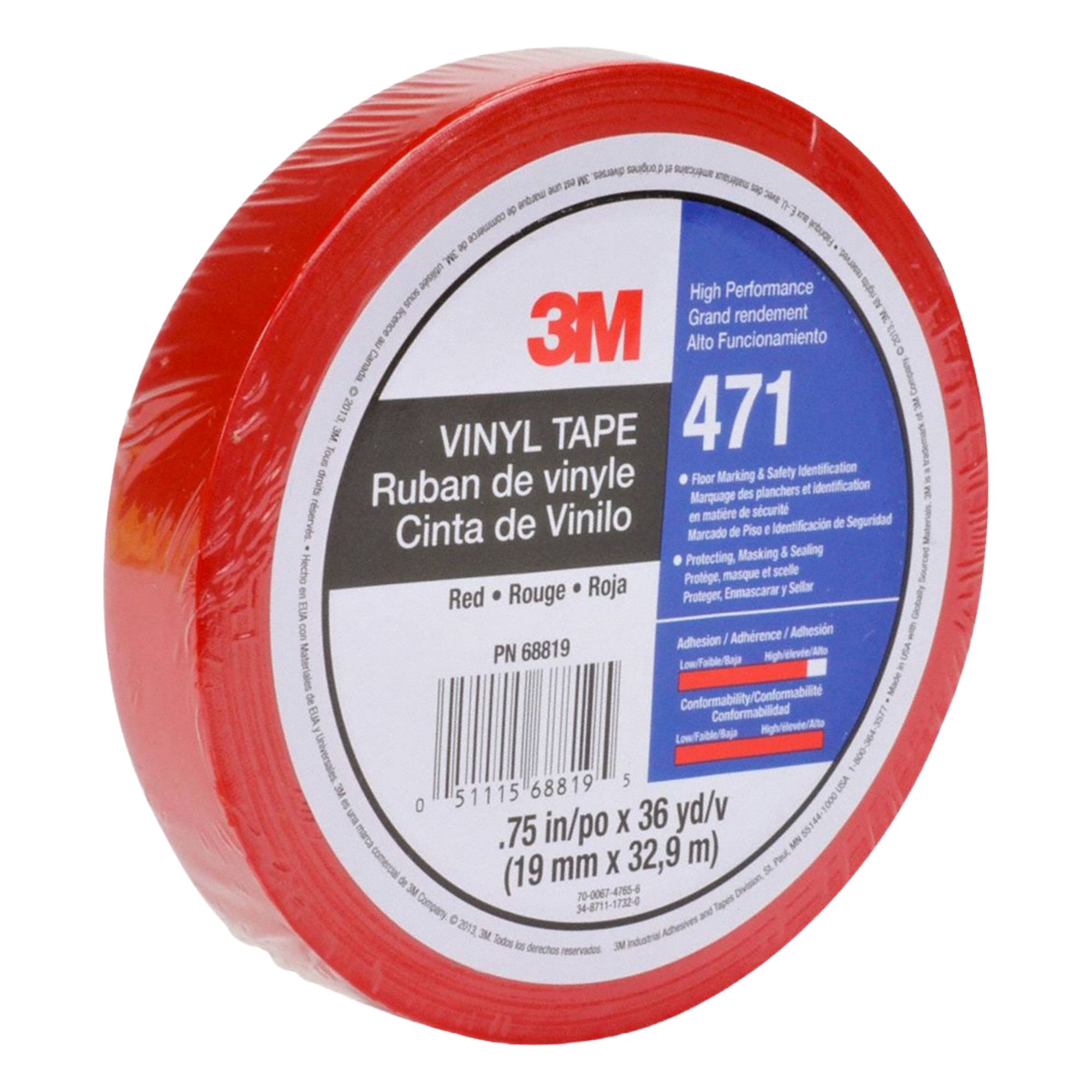 Floor Marking Tape: Gen Purpose, Solid, Red, 3/4 in x 108 ft, 5.2 mil Tape Thick, 3M™