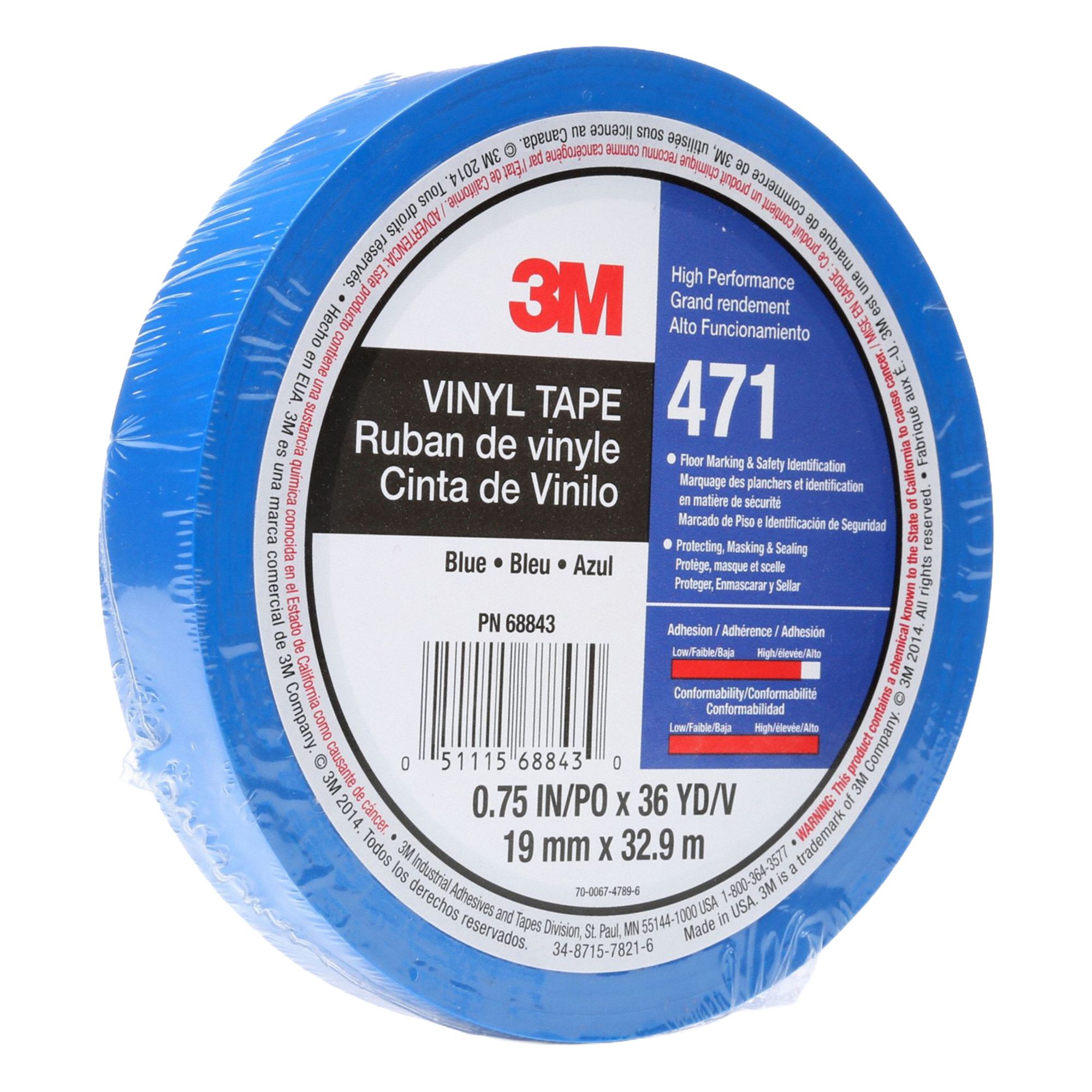 Floor Marking Tape: Gen Purpose, Solid, Blue, 3/4 in x 108 ft, 5.2 mil Tape Thick, 3M™