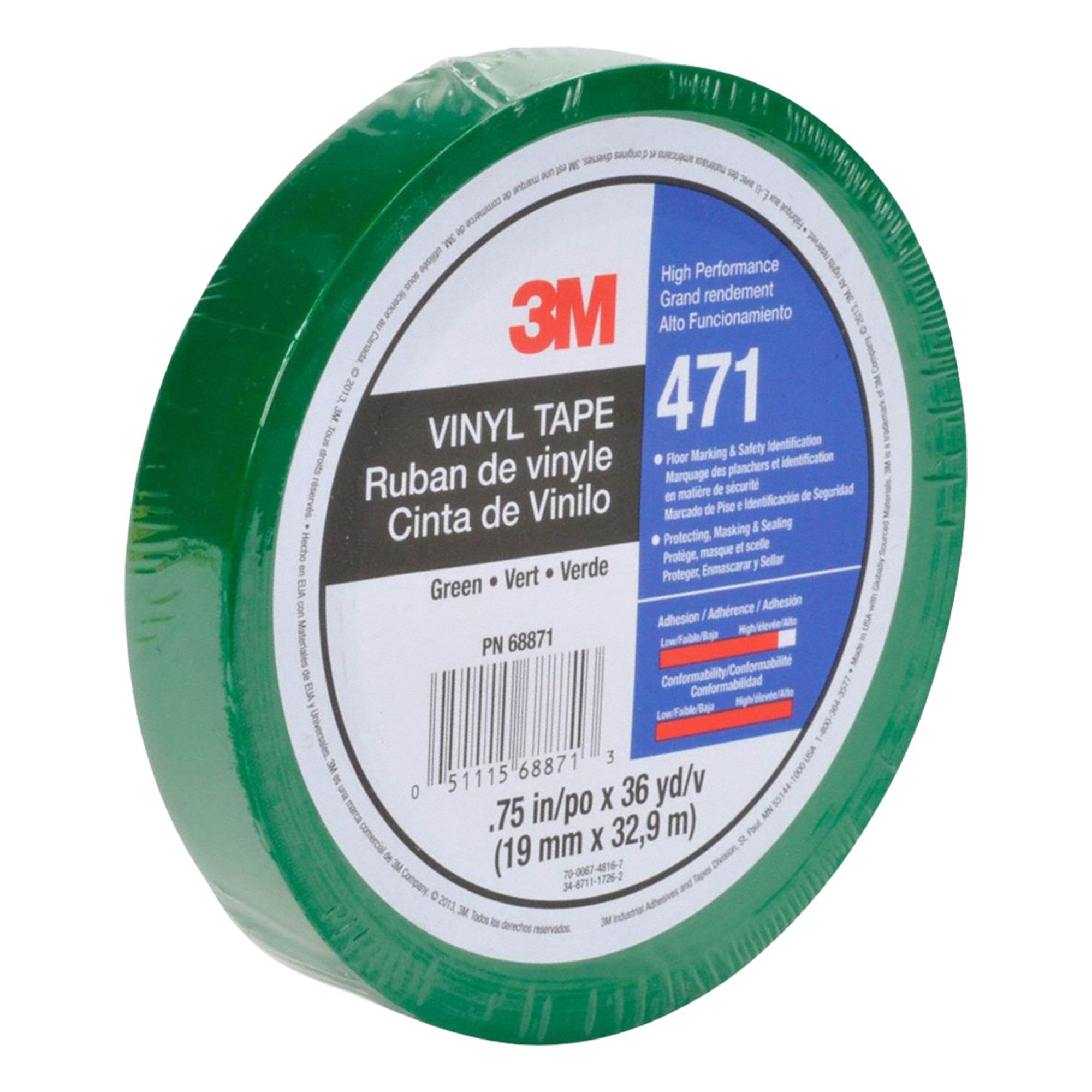 Floor Marking Tape: Gen Purpose, Solid, Green, 3/4 in x 108 ft, 5.2 mil Tape Thick, 3M™