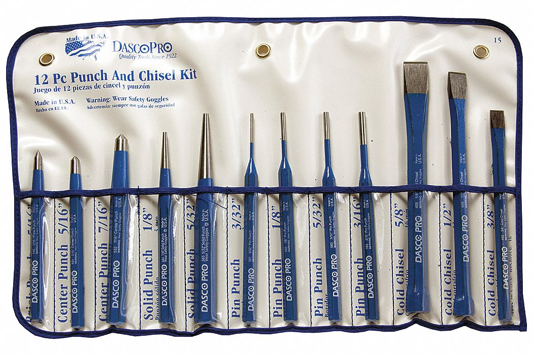 12 Pieces, Cold Chisel, Punch and Chisel Set - 24A851|15G - Grainger