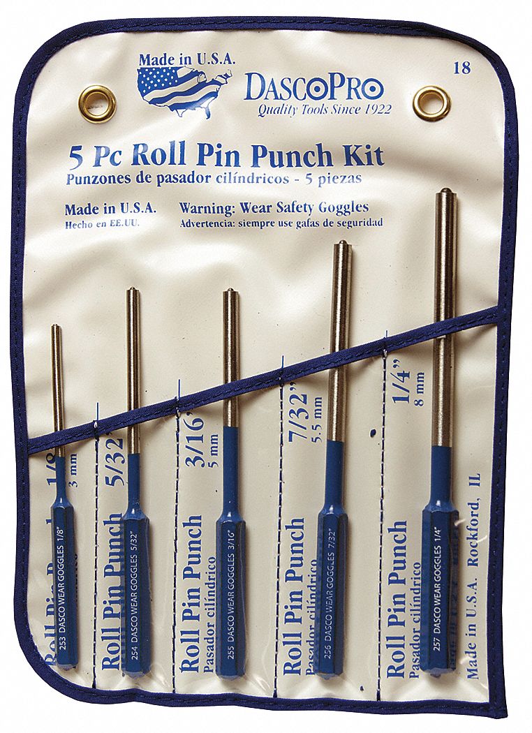 1/8 in_5/32 in_3/16 in_7/32 in_1/4 in Tip Dia, 4 in_4 1/2 in_5 in Overall Lg, Roll Pin Punch Set