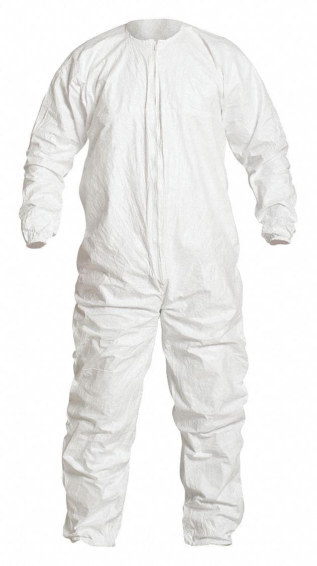 COLLARED COVERALLS, XL, SPUNBONDED PE, BOUND SEAM, ELASTIC CUFFS, WHITE, TYVEK