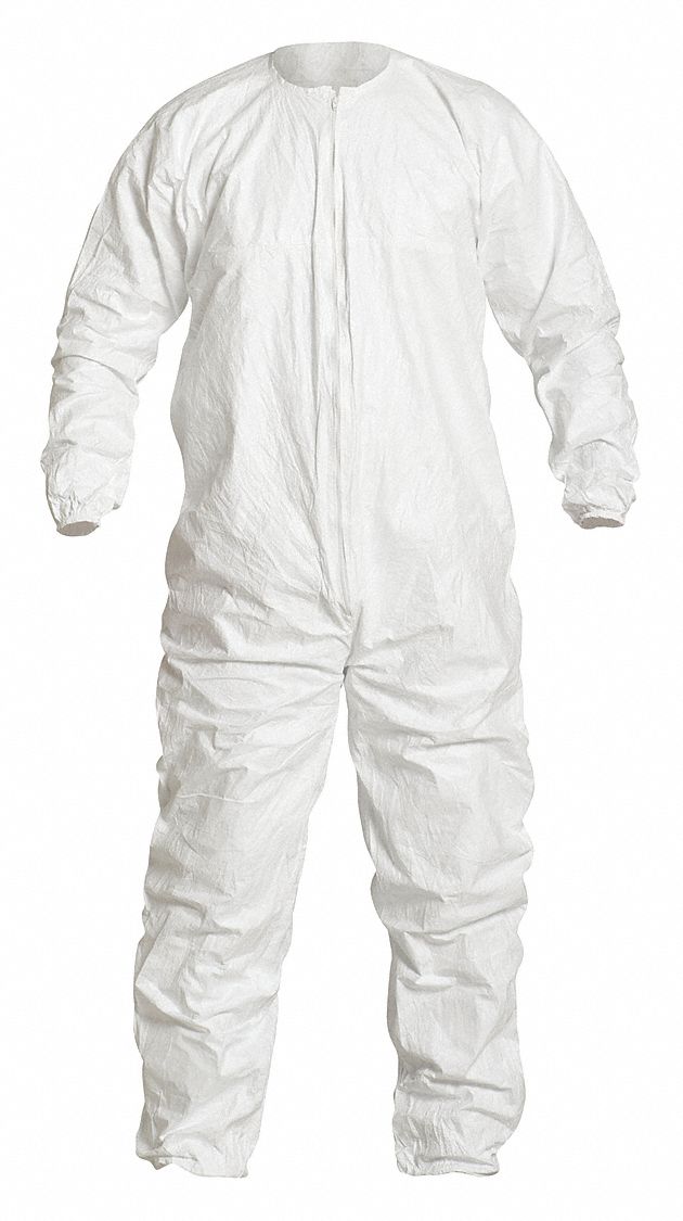 COLLARED COVERALLS, S, SPUNBONDED PE, BOUND SEAM, ELASTIC CUFFS, WHITE, TYVEK