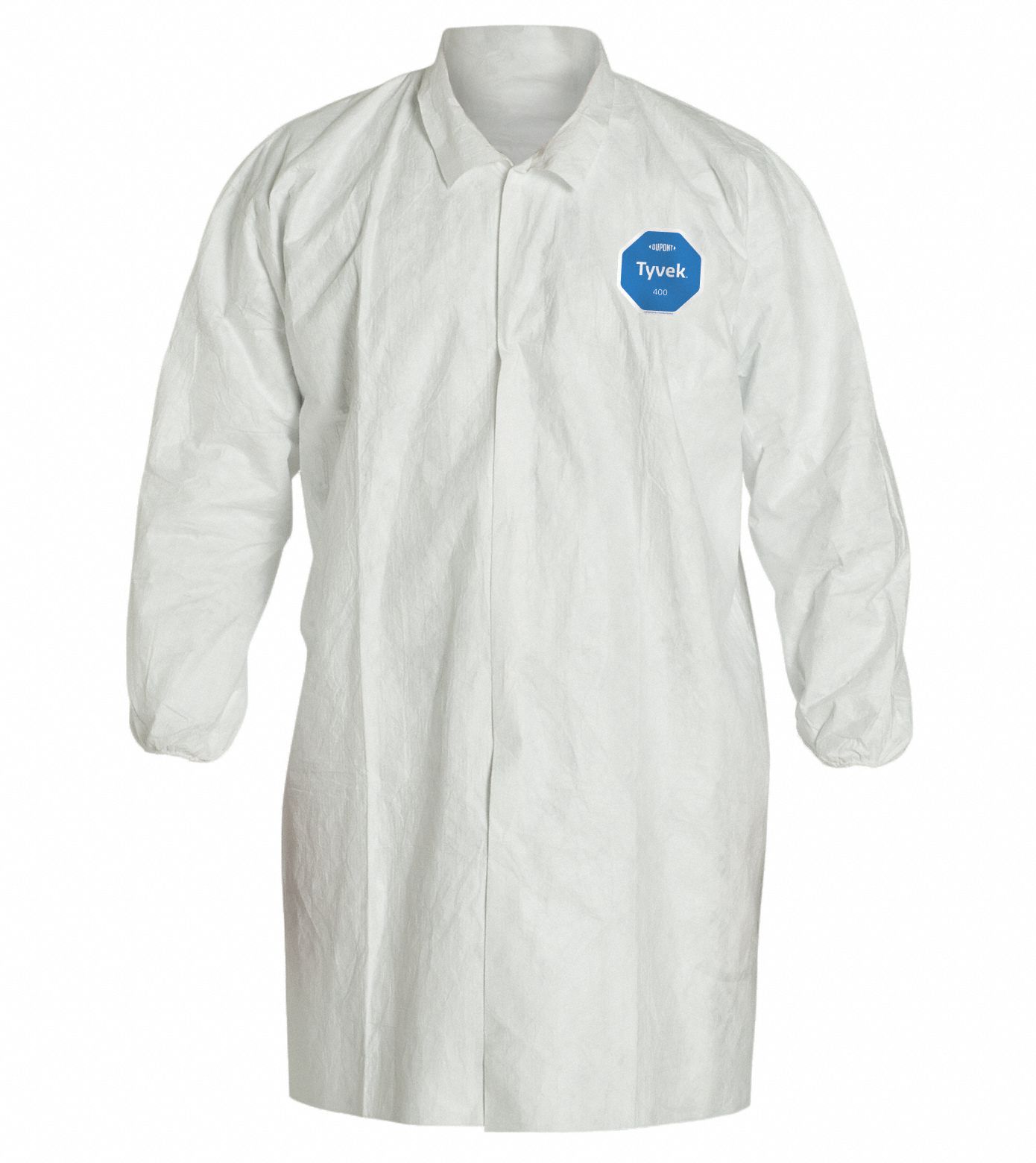 DISPOSABLE LAB COAT, TYVEK 400, PLAIN COLLAR, SNAPS, ELASTIC CUFF, 2 POCKETS, L, 30 PK