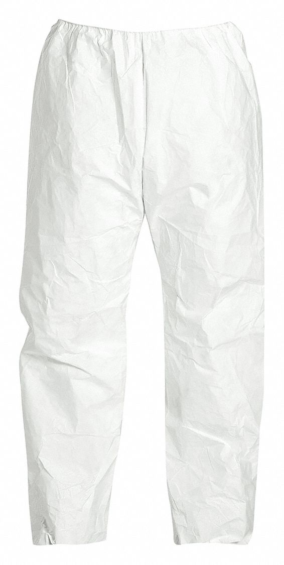 DISPOSABLE PANTS, 1.2 OZ/SQ YD WT, L, ELASTIC CUFFS, WHITE, SERGED SEAM, L, 50 PK