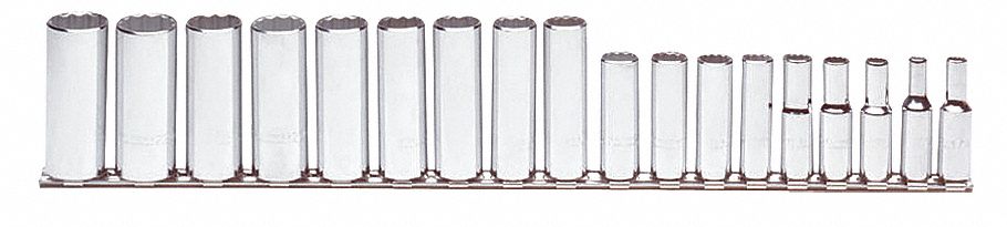 Socket Set: 3/8 in Drive, 18 Piece, 12-Point, Metric, 6 mm to 23 mm