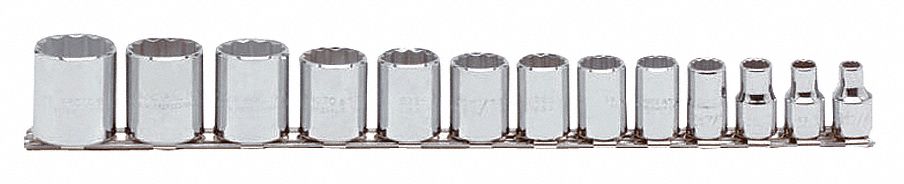 Socket Set: 3/8 in Drive, 13 Piece, 12-Point, SAE, 1/4 in to 1 in