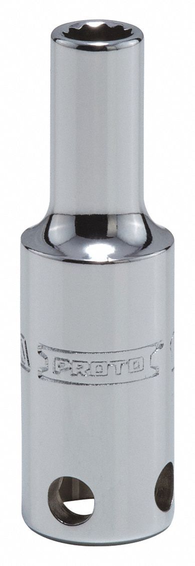 Socket: SAE, 3/8 in Drive Size, 1/4 in Socket Size, 12-Point, Deep, Chrome, Tether Ready