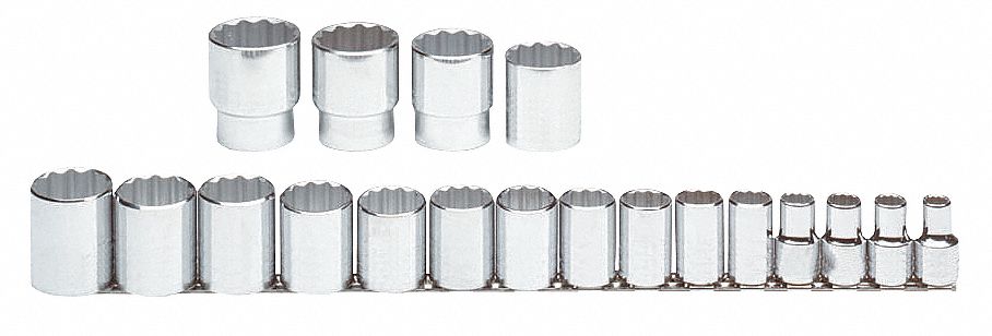 Socket Set: 1/2 in Drive, 19 Piece, 12-Point, SAE, 3/8 in to 1 1/2 in