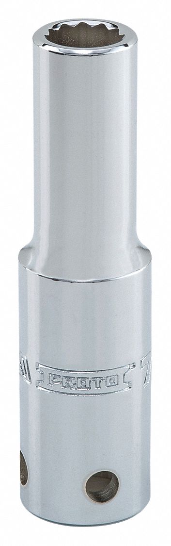 Socket: SAE, 1/2 in Drive Size, 7/16 in Socket Size, 12-Point, Deep, Chrome, Tether Ready