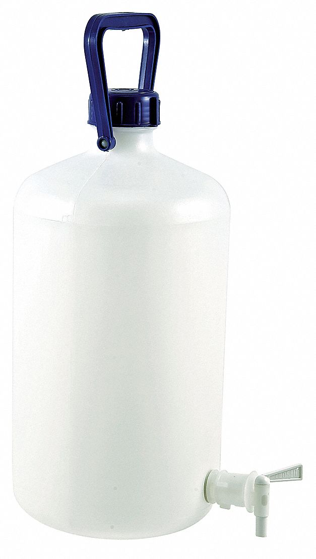 Carboy: 10 L Capacity - mL, 2.64 gal Capacity - oz, Screw On/Spigot, HDPE, Integral Shoulder Handle