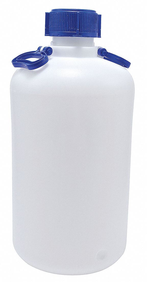 Carboy: 25 L Capacity - mL, 6.6 gal Capacity - oz, Screw On, HDPE, Integral Shoulder Handle, White