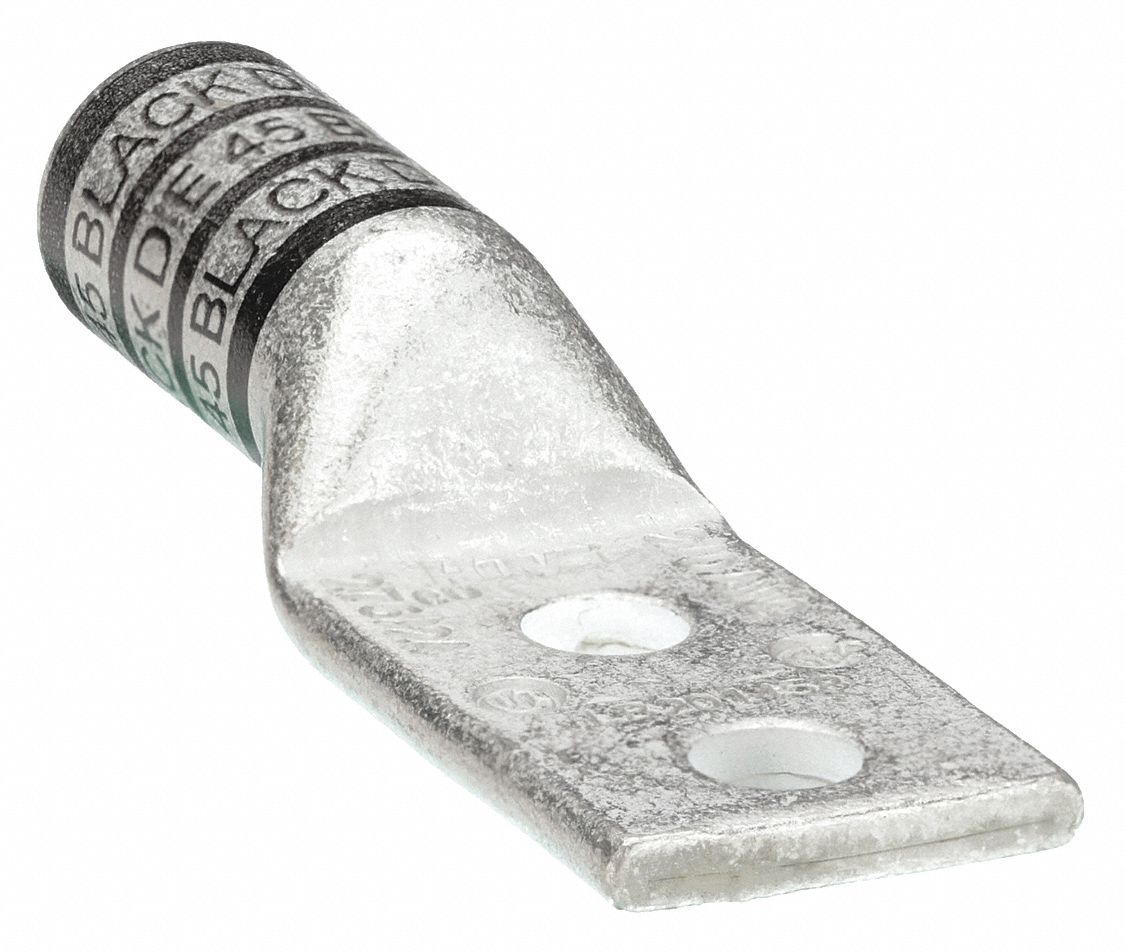 TWO-HOLE LUG COMPRESSION CONNECTOR, 2/0 AWG MAX WIRE SIZE, ¼ IN STUD SIZE, 1⅛ IN STRIP L, BLACK