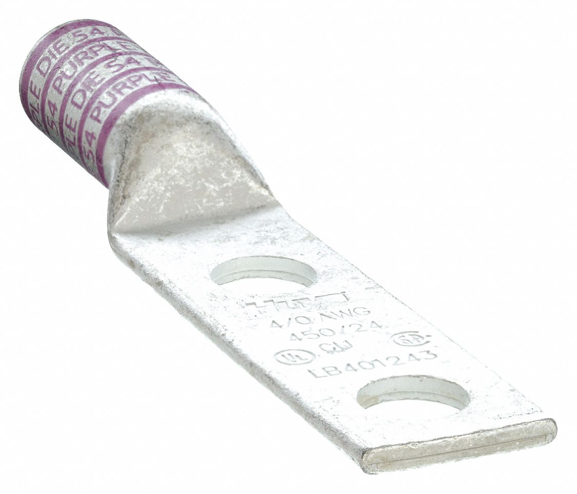 TWO-HOLE LUG COMPRESSION CONNECTOR, 4/0 AWG MAX WIRE SIZE, ½ IN STUD SIZE, 1½ IN STRIP L, PURPLE