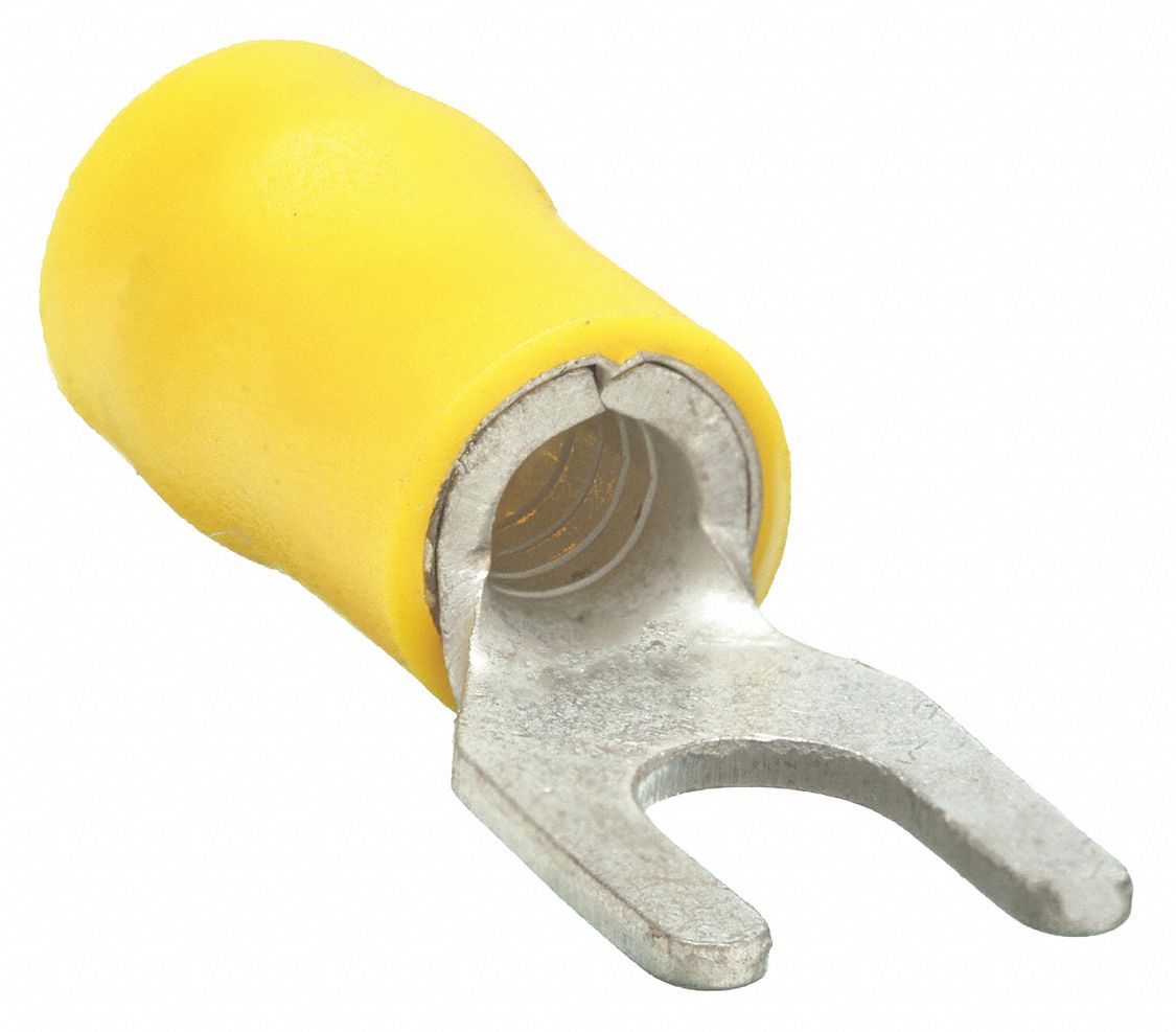 FORK TERMINAL, PARTIAL COVERAGE, YELLOW, VINYL, ¼ IN STUD SIZE, 50 PK