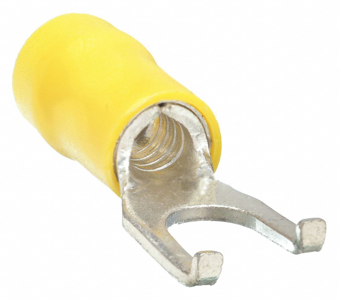 FORK TERMINAL, PARTIAL COVERAGE, YELLOW, VINYL, #8 STUD SIZE, 50 PK