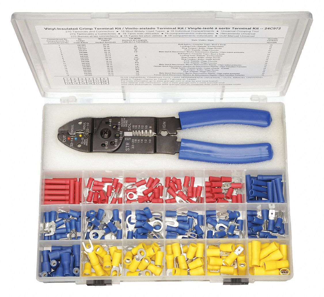 WIRE TERMINAL KIT, CRIMPING TOOL, 270 PIECES, CRIMP TERMINALS, VINYL, 22 TO 10 AWG