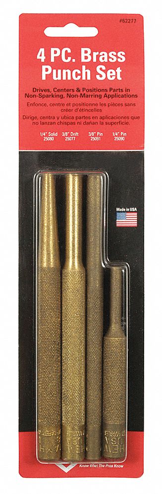 COMBINATION PUNCH SET, 4 IN/6 IN OVERALL L, 4 PIECES, NON-SPARKING, PIN PUNCH/SOLID PUNCH, BAG