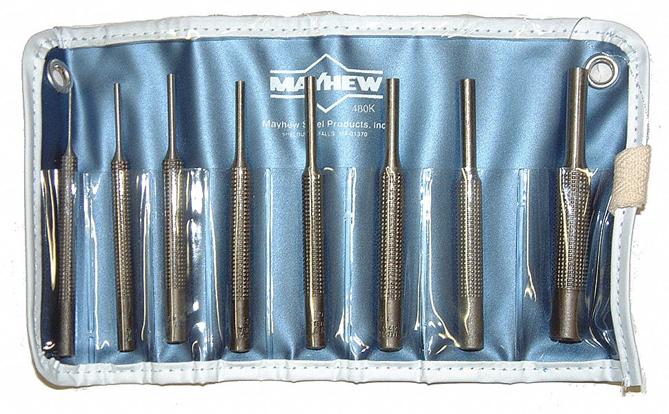 Drive Pin Punch Set: 1/16 in_5/64 in_3/32 in_1/8 in_5/32 in_3/16 in_1/4 in_5/16 in Tip Dia, 8 Pieces