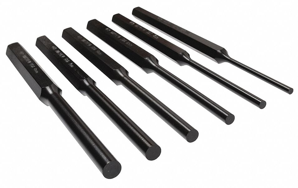 DRIVE PIN PUNCH SET, 3 MM/4 MM/5 MM/6 MM/7 MM/8 MM TIP DIA, 6 IN OVERALL L, 6 PIECES, STEEL, METRIC