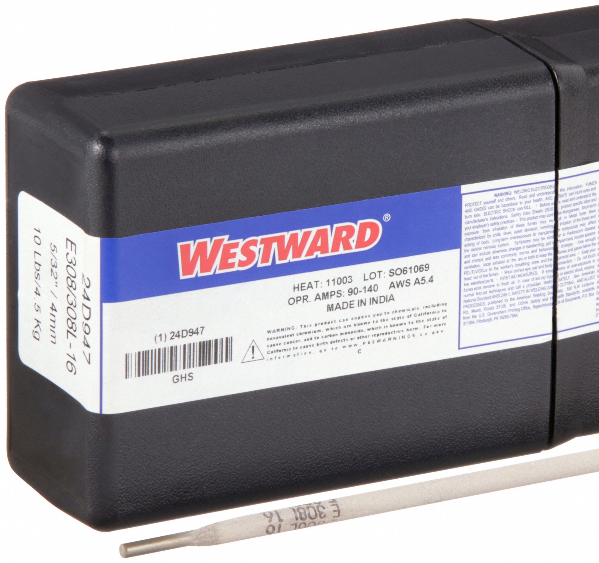 Stick Electrode: Stainless Steel, E308/308L-16, 5/32 in x 14 in, 10 lb