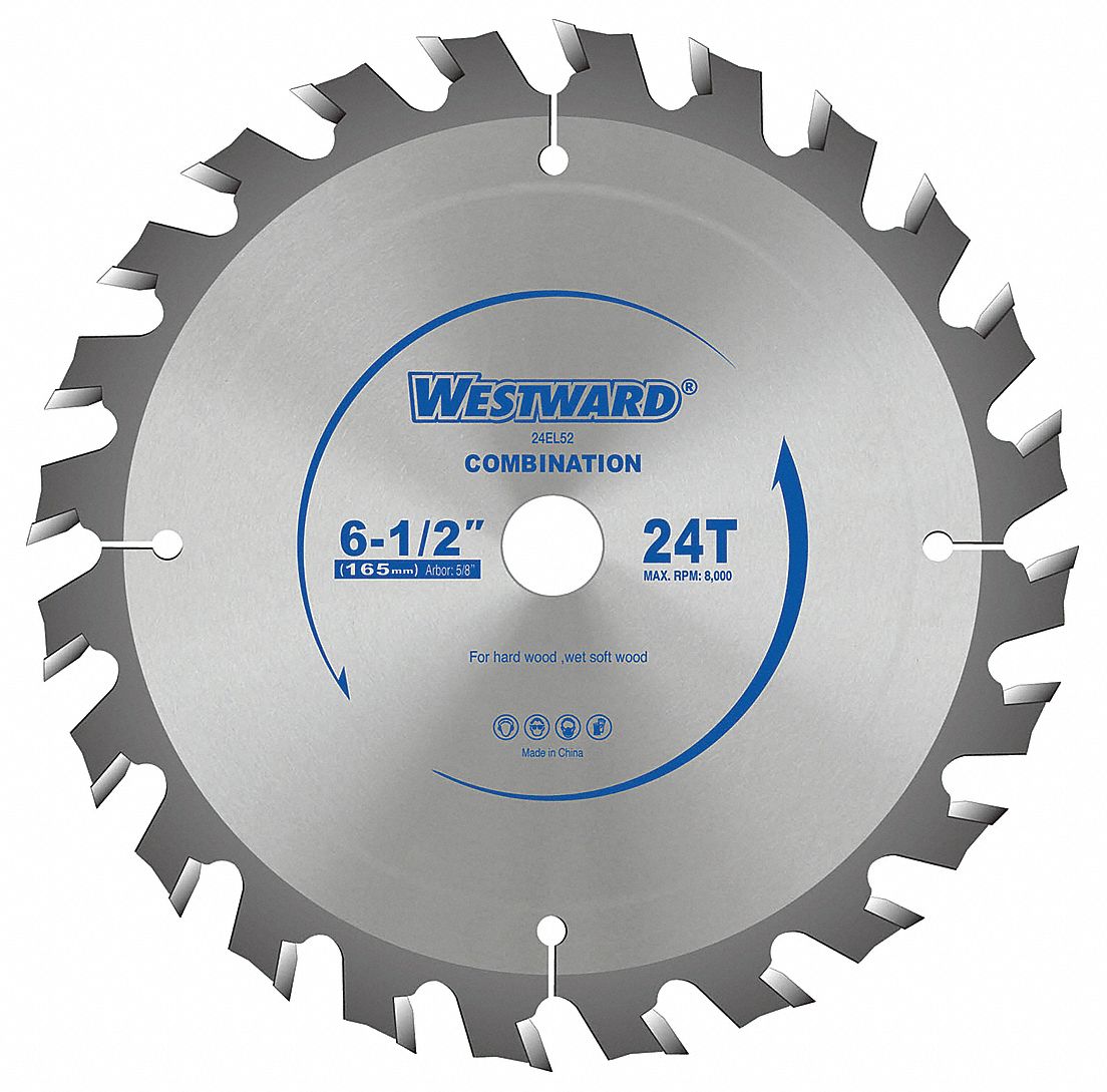 CIRCULAR SAW BLADE, CARBIDE, 6½ IN DIA, 24, ⅝ IN, 15 ° , 8000 RPM, ROUND, FOR WOOD