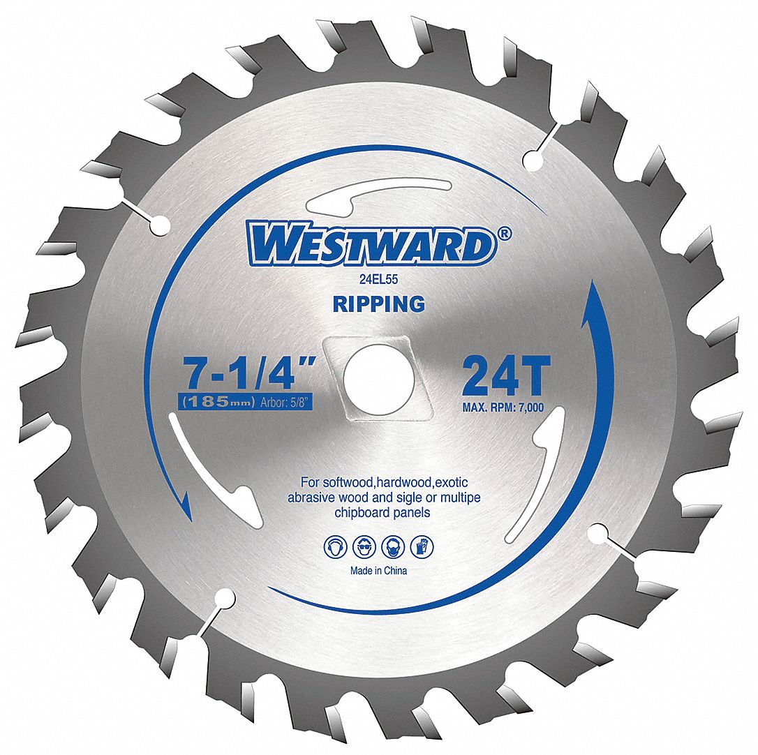 CIRCULAR SAW BLADE, CARBIDE, 7¼ IN DIA, 24, ⅝ IN, 18 ° , 7000 RPM, ROUND, FOR WOOD