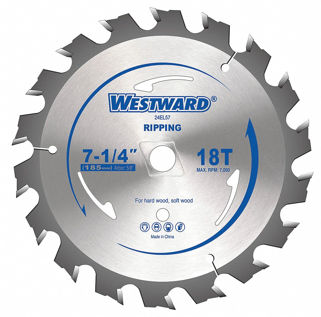 CIRCULAR SAW BLADE, CARBIDE, 7¼ IN DIA, 24, ⅝ IN, 15 ° , 7000 RPM, ROUND, FOR WOOD