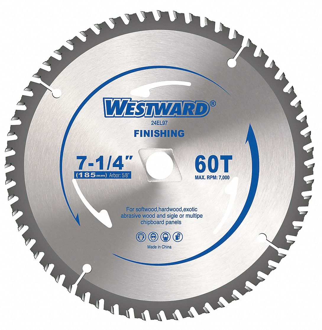 CIRCULAR SAW BLADE, CARBIDE, 7¼ IN DIA, 60, ⅝ IN, 15 ° , 7000 RPM, ROUND, FOR WOOD