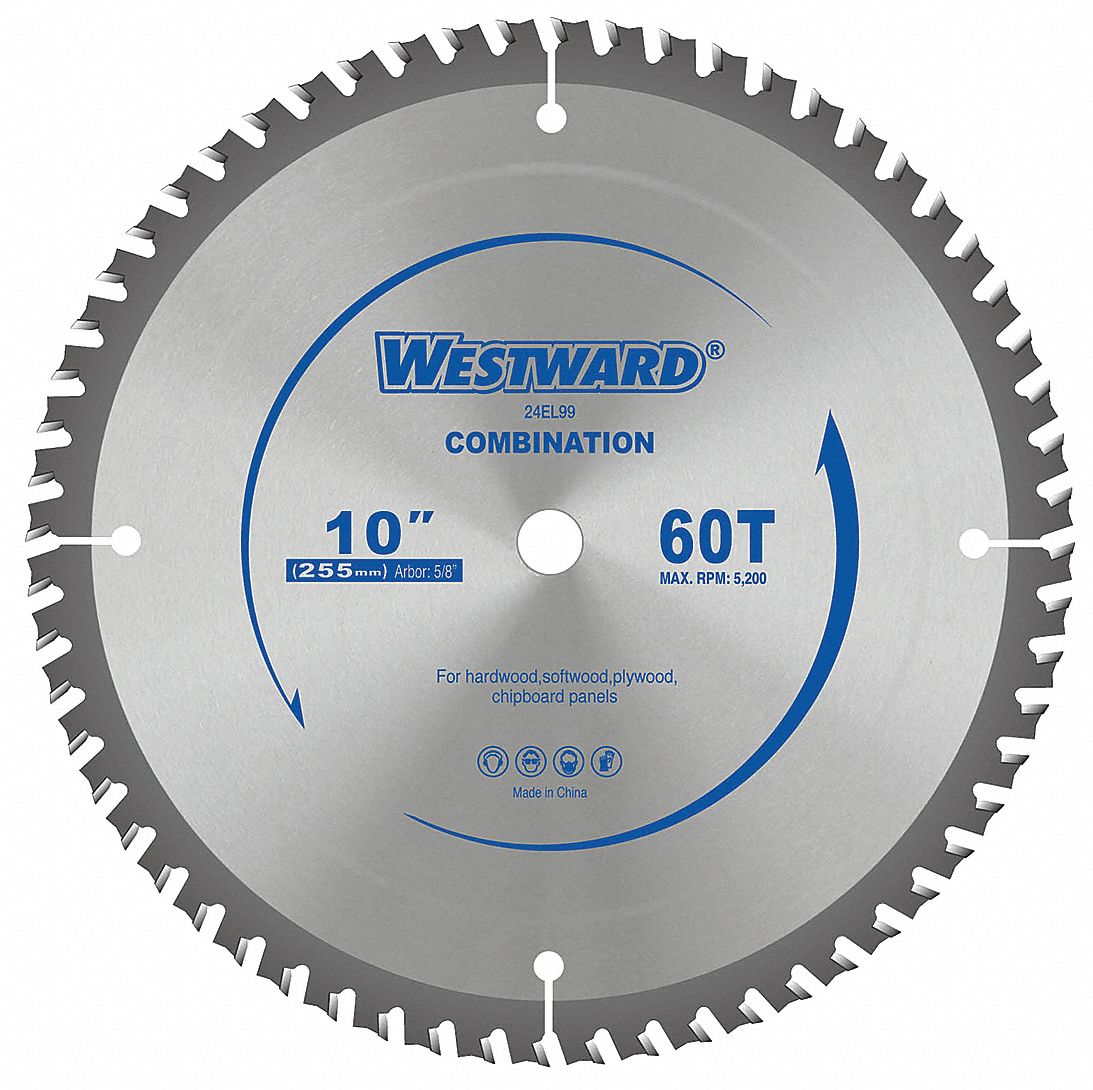 CIRCULAR SAW BLADE, CARBIDE, 10 IN DIA, 60, ⅝ IN, 15 ° , 5200 RPM, ATB, FOR WOOD