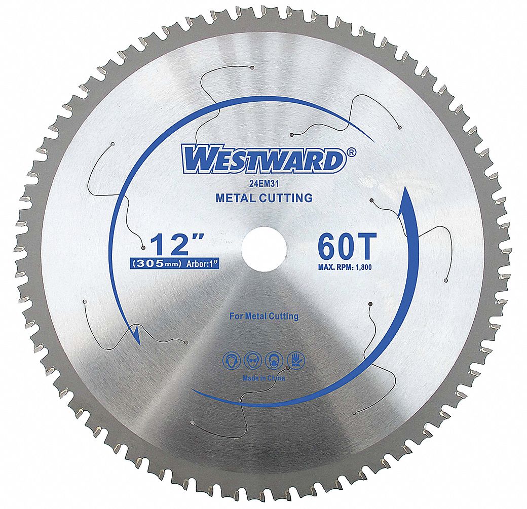 CIRCULAR SAW BLADE, CARBIDE, 12 IN DIA, 60, 1 IN, 10 ° , 1800 RPM, FOR AL