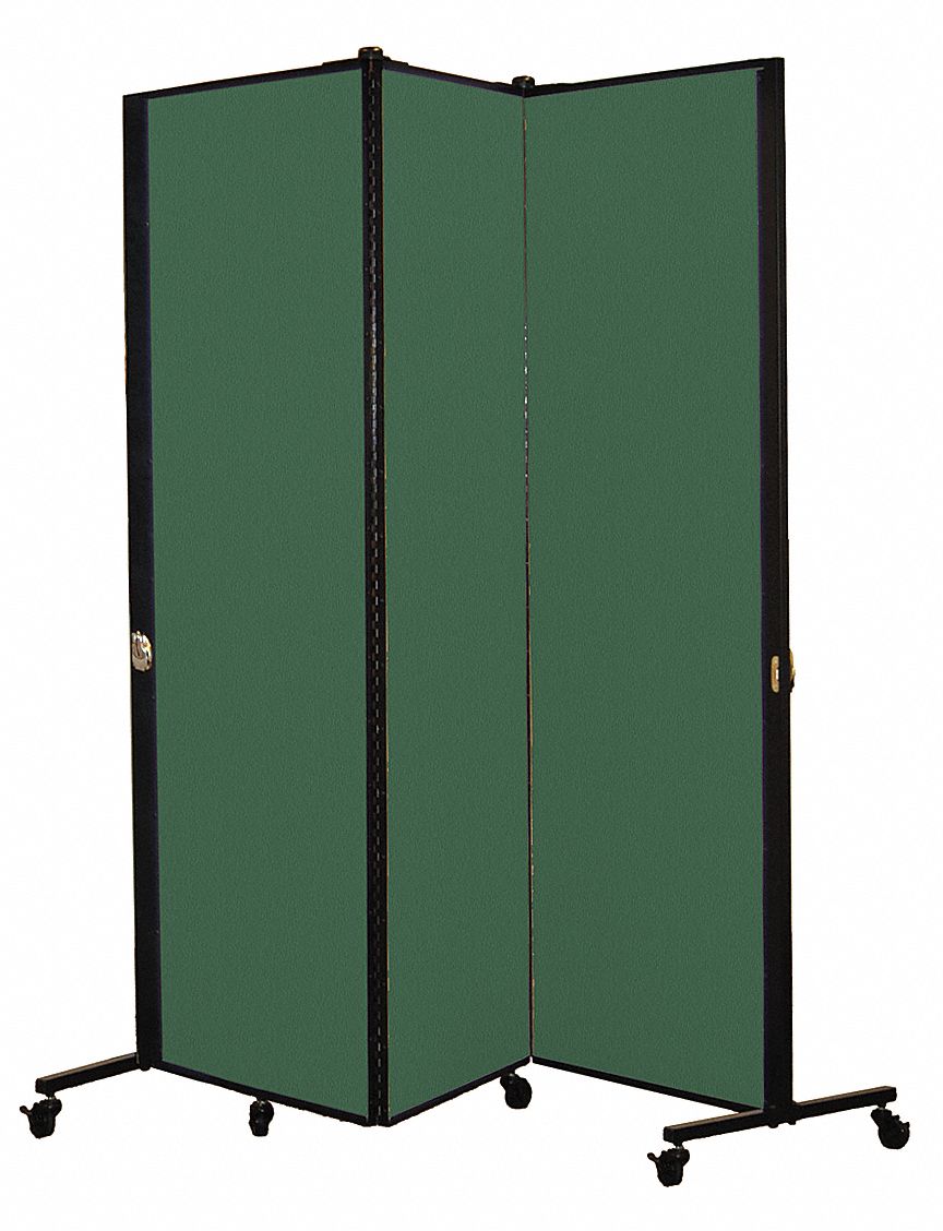 Room Divider: 3 Panels, Opaque, Green Panel, 69 in Overall Ht, 69 in Overall Wd, Foldable