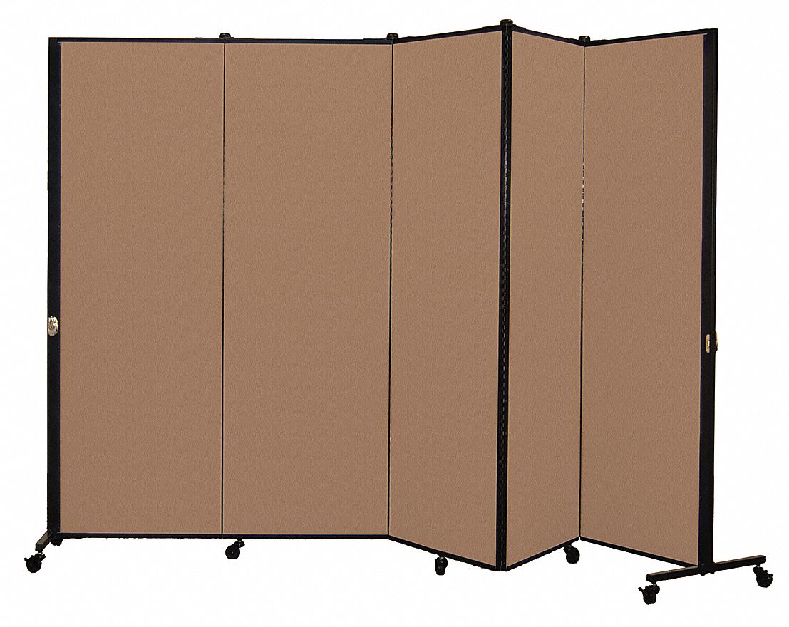 Room Divider: 5 Panels, Opaque, Brown Panel, 69 in Overall Ht, 113 in Overall Wd, Folding