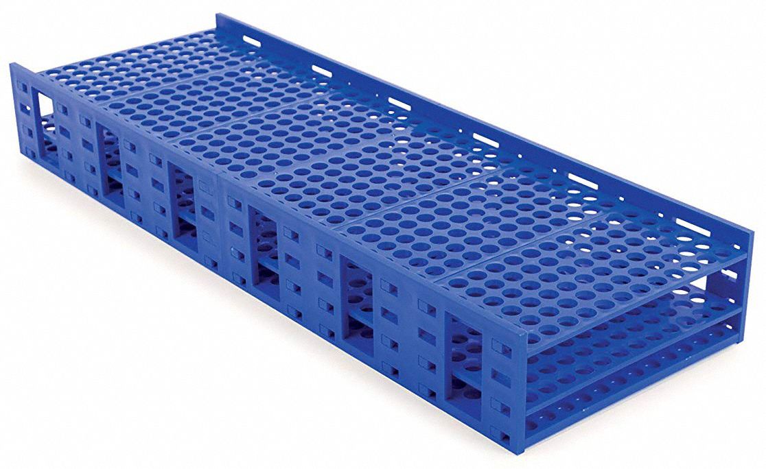 Tube Rack: 10 in Overall Wd, 4 1/4 in Overall Ht, 27 1/8 in Overall Lg, Polypropylene, Blue