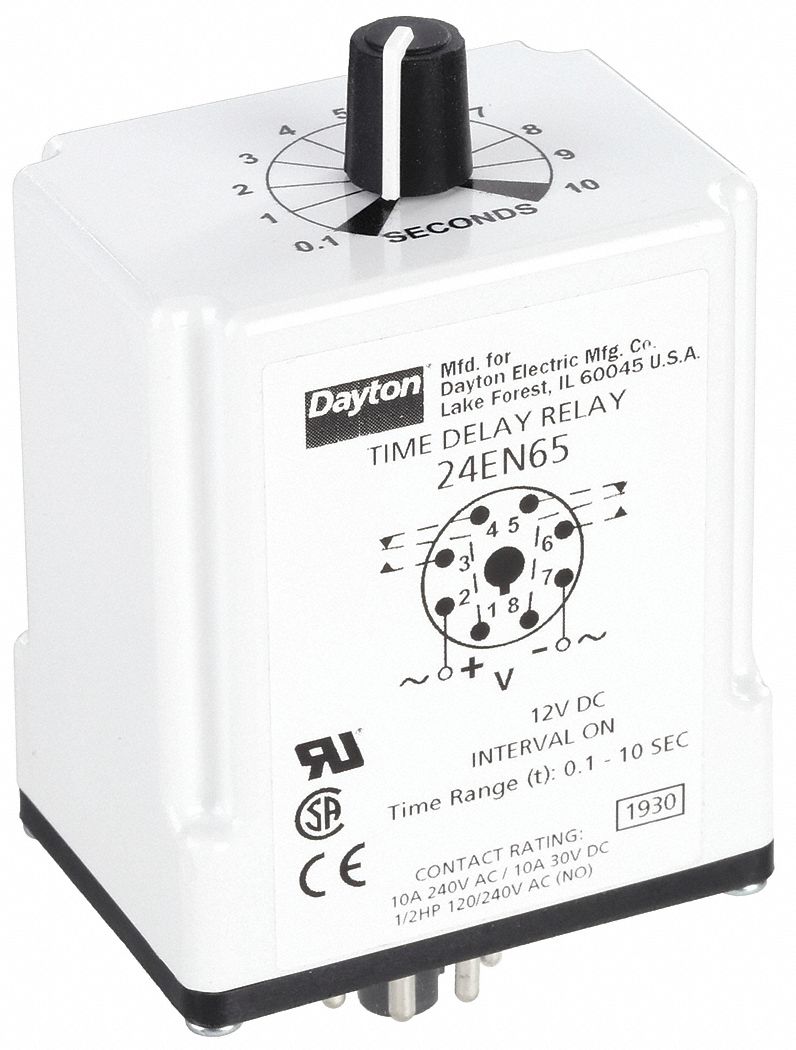 Single Function Time Delay Relay: Socket Mounted, 12V DC, 10 A, 8 Pins/Terminals, Interval