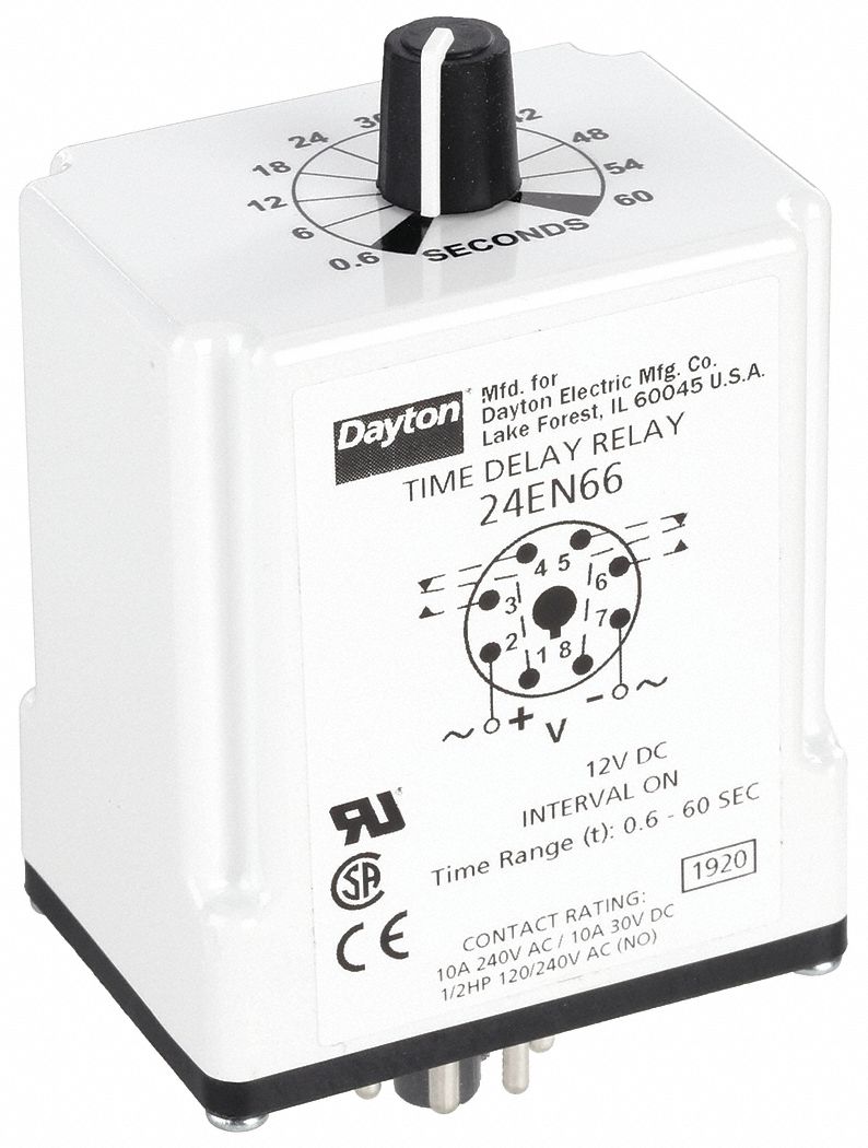 Single Function Time Delay Relay: Socket Mounted, 12V DC, 10 A, 8 Pins/Terminals, Interval