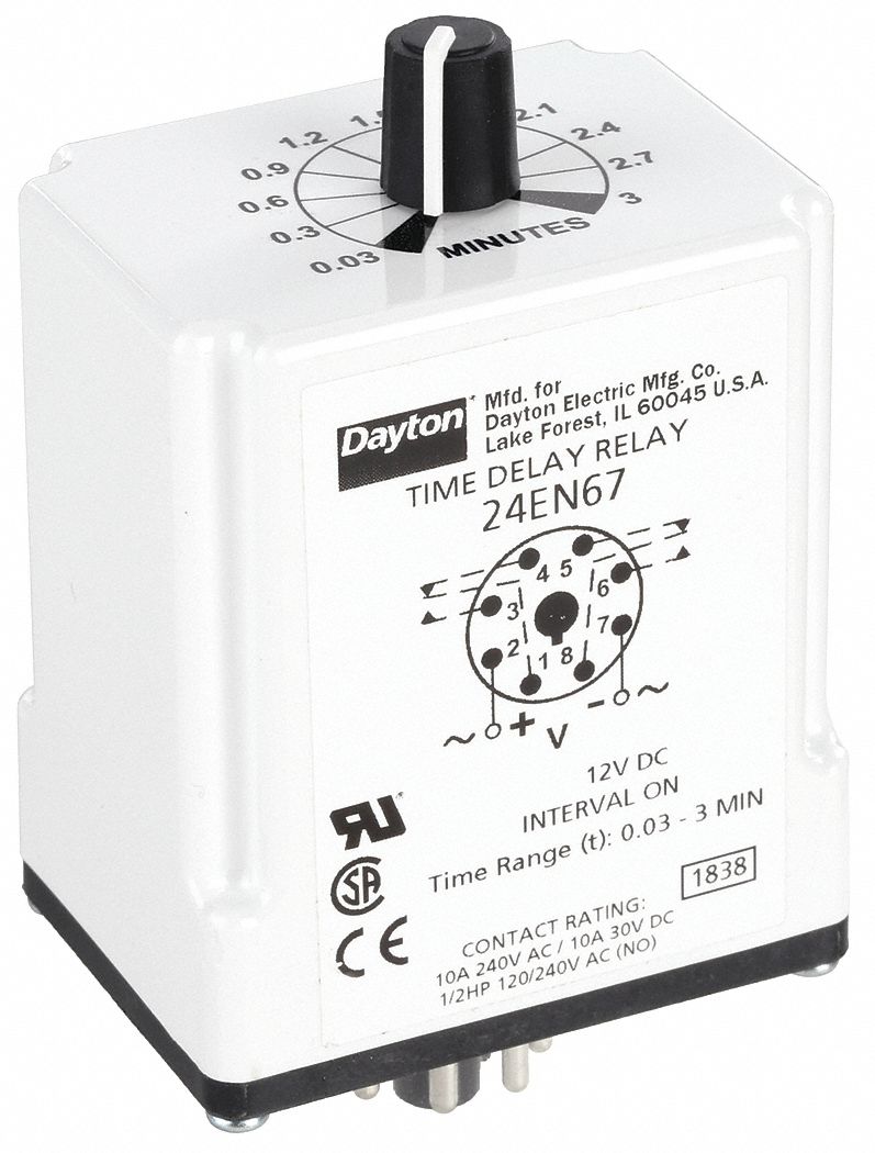 Single Function Time Delay Relay: Socket Mounted, 12V DC, 10 A, 8 Pins/Terminals, Interval