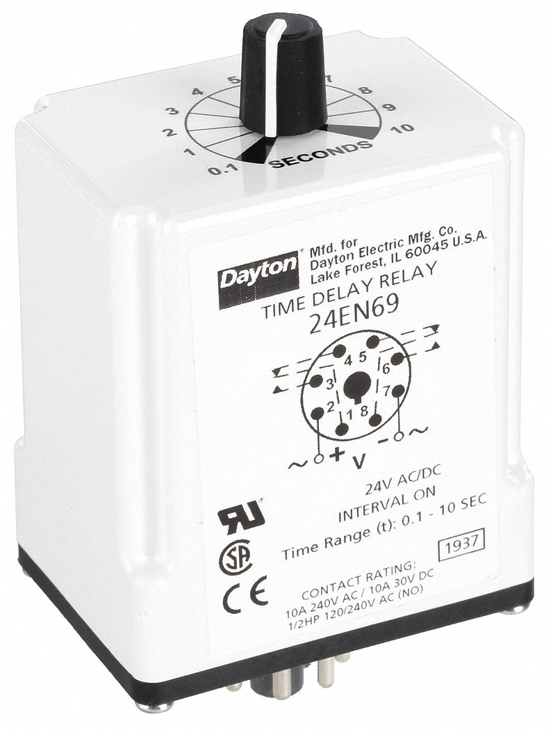Single Function Time Delay Relay: Socket Mounted, 24V AC/DC, 10 A, 8 Pins/Terminals, Interval