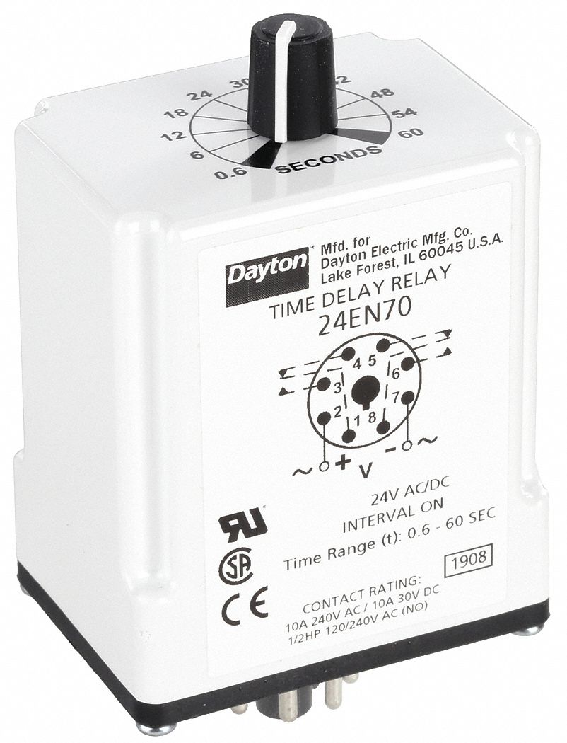 Single Function Time Delay Relay: Socket Mounted, 24V AC/DC, 10 A, 8 Pins/Terminals, Interval