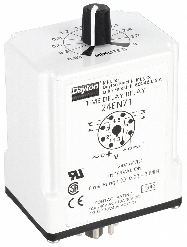 Single Function Time Delay Relay: Socket Mounted, 24V AC/DC, 10 A, 8 Pins/Terminals, Interval